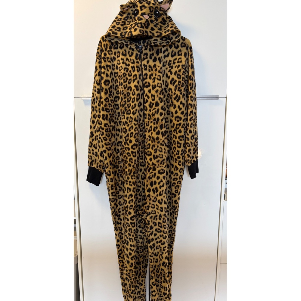 Torrid Leopard Cat w/Ears Punk Goth Hooded One Piece Union Suit Pajamas Size 1/2
